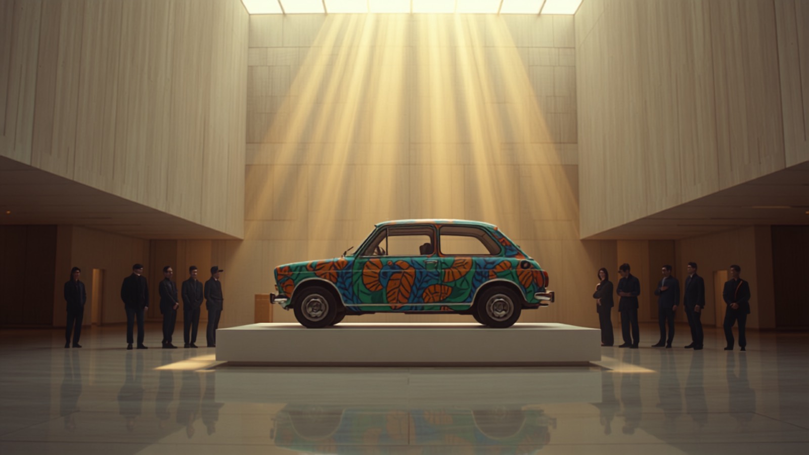 Estudo conceitual: Fiat 147 pintado por artista brasileira, exposto em plinto num átrio de museu
