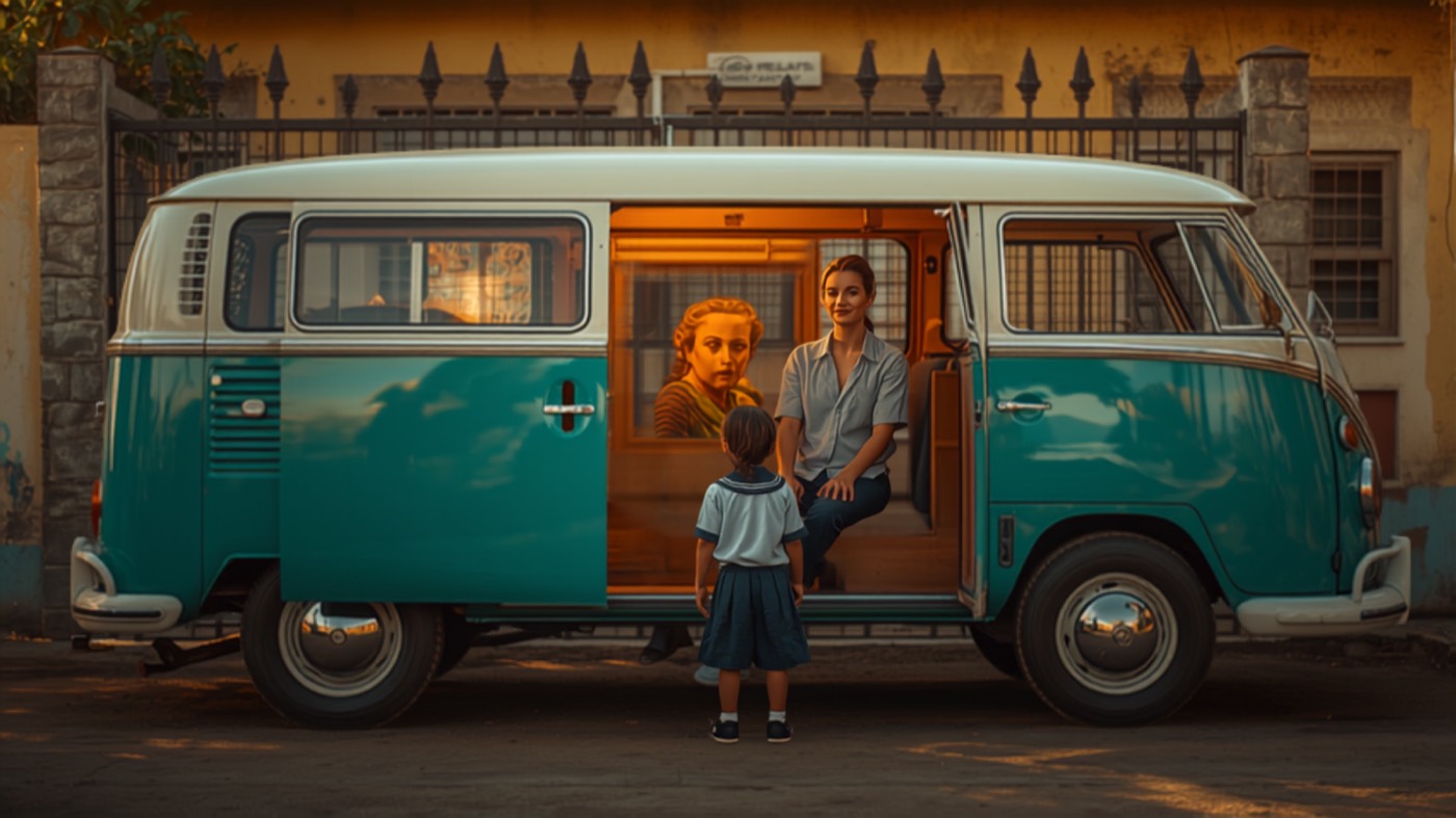 Simulação: Kombi-museu aberta com obra exposta