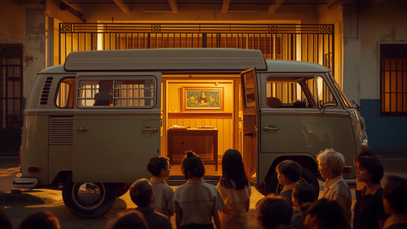 Simulação: mediadora com estudantes diante da Kombi